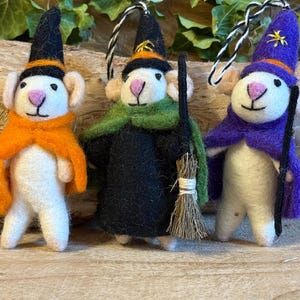 Needle Felted Halloween Mouse Ornaments – Witch, Wizard, or “Boo”