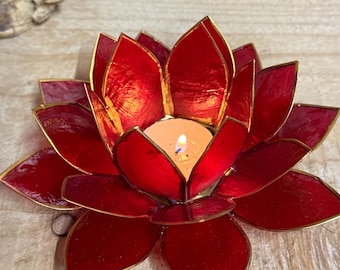 Red Capiz Shell Lotus Candle Holder – Handmade Chakra Tealight Holder – Spiritual Home Decor
