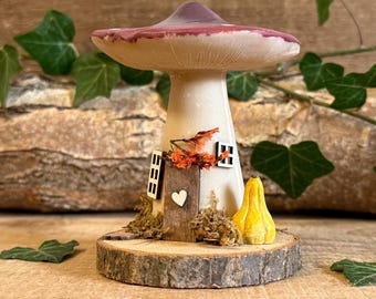 Handcrafted Mushroom Cottage Ornament – Whimsical Folk Art Fairy House