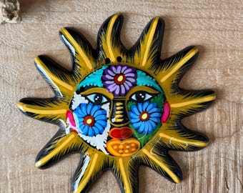 Hand Painted Xalitla Folk Art Sun Plaque – Small Ceramic Sun Decor