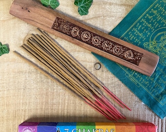 Seven Chakra Incense Sticks & Wooden Chakra Holder – Handcrafted Spiritual Set