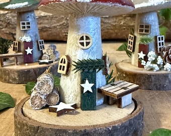 Folk Art Xmas Mushroom Cottage – Small Hand Painted Fairy House
