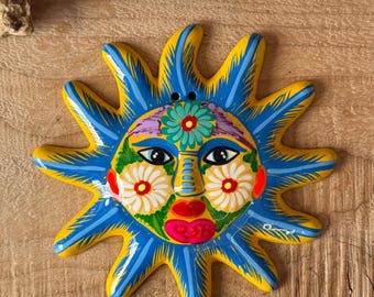 Hand Painted Xalitla Folk Art Sun Plaque – Small Ceramic Sun Decor
