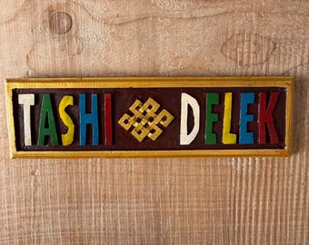 Tibetan Tashi Delek Wooden Sign – Hand Painted Wall Hanging Blessing Decor (30cm)