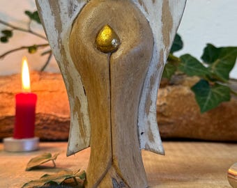Hand Carved Angel Figurine – Love Theme Wooden Sculpture – Handmade Natural 15cm Ornament