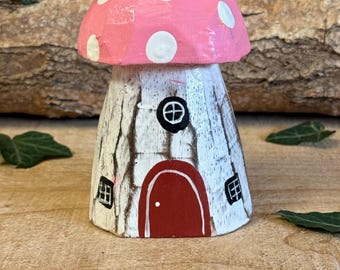 Wooden Mushroom House Ornament – Hand Carved Fairy Cottage Decor