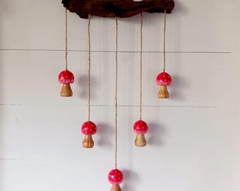 Mushrooms Hanging from Branch – Hand Carved Wooden Toadstool Mobile