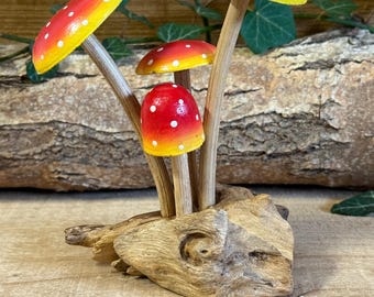 Red Mushrooms – Hand Carved Wooden Mushroom Decor with Rustic Base