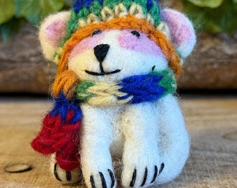 Felt Rabbit in Rainbow Knitted Wool Hat – Handmade Eco-Friendly Christmas Ornament