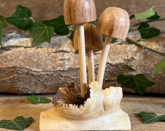 Hand Carved Parasite Wood Mushrooms – Natural Wood Rose Sculpture – Woodland Nature Decor