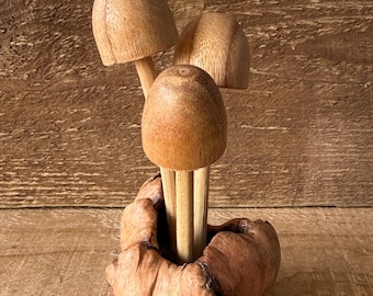 Wood Rose Mushroom Carving – Hand Carved Wooden Toadstool Wall Art Bali