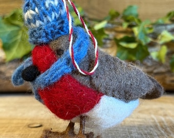 Cosy Felt Bird Decoration – Handmade Wool Winter Ornament with Blue Hat & Scarf