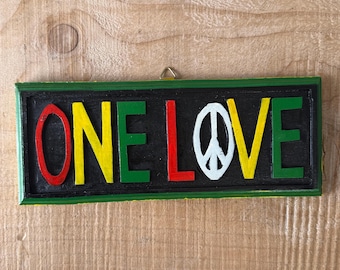 One Love Rasta Wooden Sign – Hand Painted Wall Hanging Reggae Decor (10in)