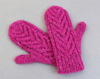 Womens Wool Mittens, Winter Mittens, Magenta Gloves, Gift for Her, Cable Pattern Mittens