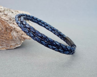 Navy Blue Braided Leather Bracelet, Boyfriend Gift, Husband Gift, Men's Leather Jewellery