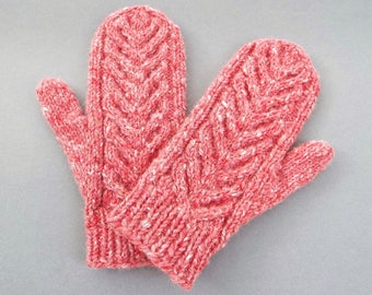 Womens Wool Mittens, Winter Gloves, Pink Mittens, Gloves with Cable Pattern, Gift for Her