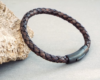 Pulsera de cuero para hombre, Cuero negro, Regalo de aniversario de cuero, Regalo de novio, Joyería de cuero para hombres, Joyería para él