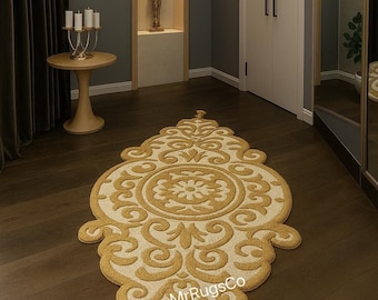 Luxurious Golden Ornate Carpet – Handcrafted Royal-Inspired Rug | Elegant Living Room & Hallway Decor