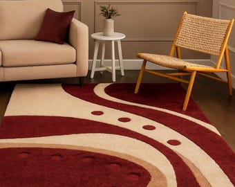 Tappeto moderno astratto color bordeaux e crema – Tappeto morbido trapuntato – Arredamento contemporaneo per il soggiorno – Tappeto accogliente per la camera da letto – Arte del pavimento d'effetto
