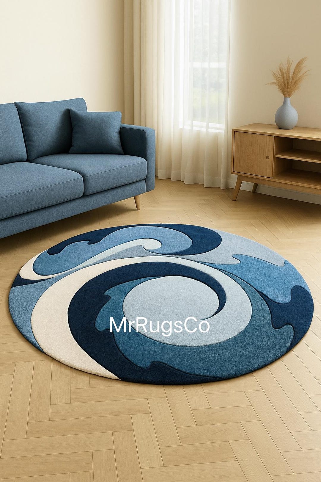 Modern Abstract Blue Round Rug – Handmade Wave Design Carpet by ...