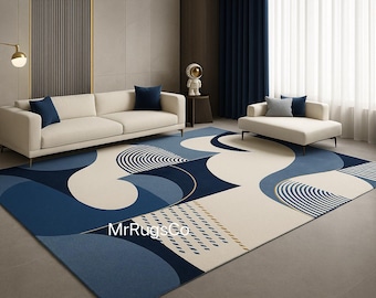 Blauw en crème abstract vloerkleed | Modern geometrisch getuft tapijt