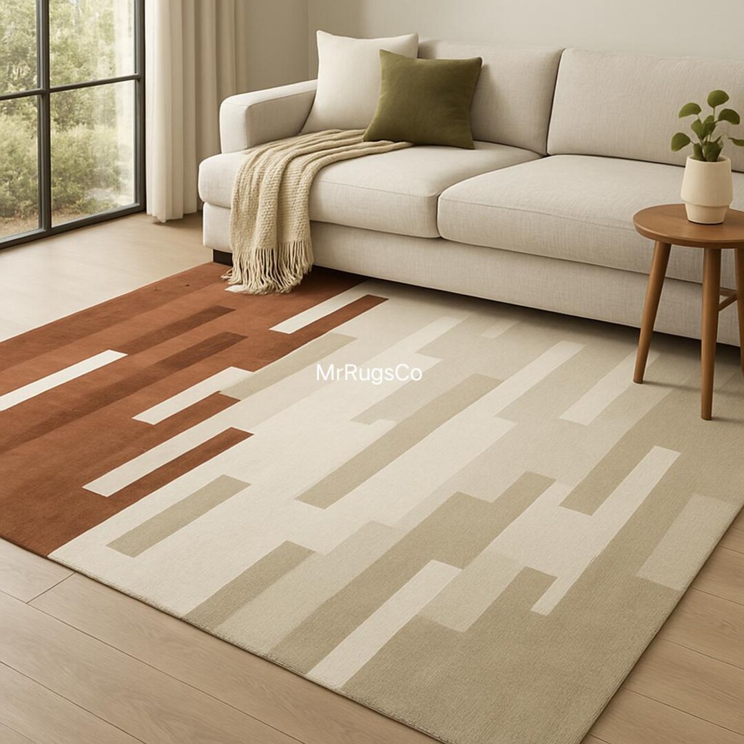 Modern Geometric Beige & Rust Area Rug – Minimalist Living Room Carpet ...
