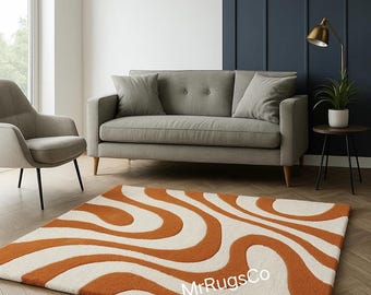 Burnt Orange Wave Area Rug – Mid-Century Modern Geometric Carpet