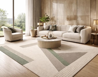 Hand Tufted Wool Area Rug | Beige & Sage Geometric Design
