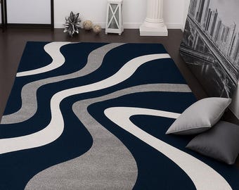 Modern Blue Rug | Navy Gray White Abs...