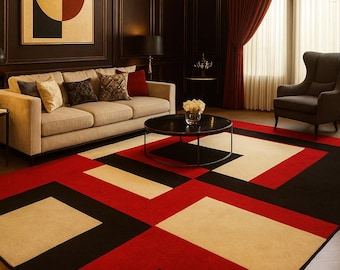 Modern Geometric Area Rug – Red, Black & Cream Carpet