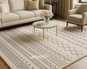 Tappeto geometrico annodato a mano / Beige neutro, soggiorno moderno