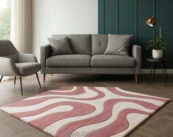 Modern Pink & Cream Wavy Area Rug | Abstract Handmade Tufted Carpet | Contemporary Living Room Decor