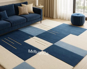 Tapete geométrico moderno azul | Tapete abstrato em tons de azul marinho e marfim
