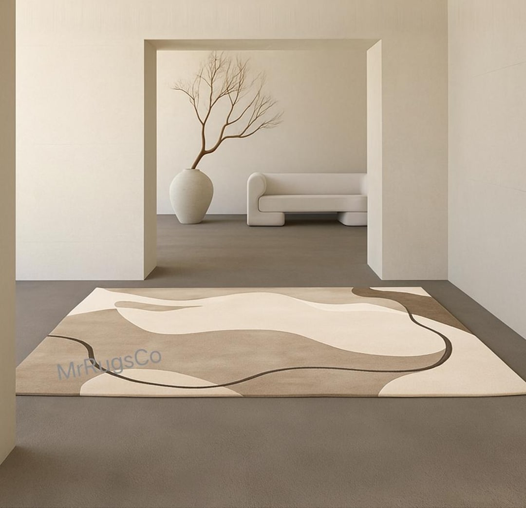 Neutral Abstract Area Rug – Modern Minimalist Beige & Taupe Carpet ...