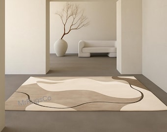 Neutral Abstract Area Rug – Modern Minimalist Beige & Taupe Carpet | Handmade Wool Rug for Living Room | MrRugsCo