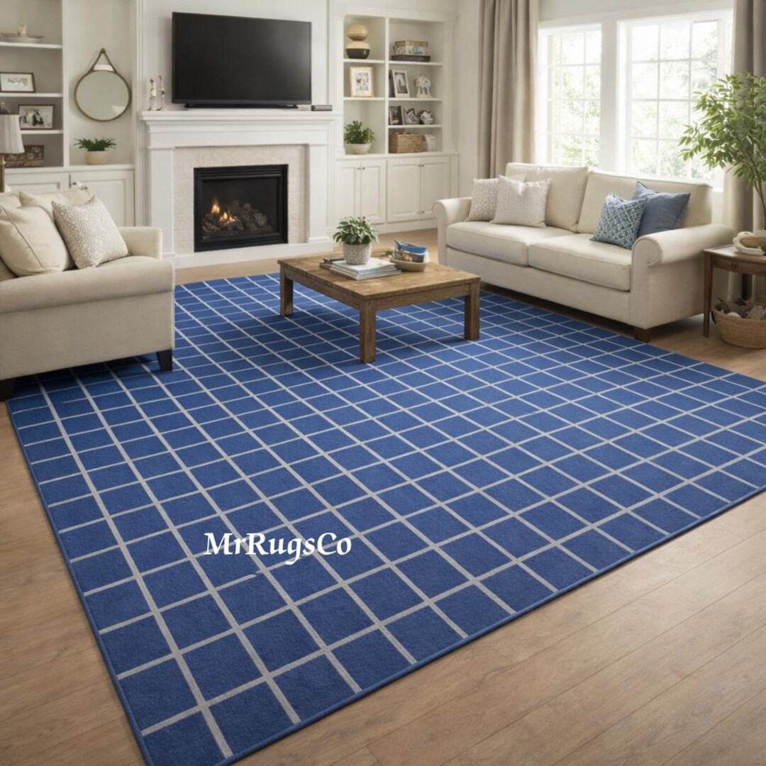 Large Check Blue Rug Blue Checkered Rug | Modern Flatweave Area Rug, Handmade - Etsy