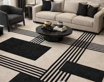 Modern Geometric Black ,Ivory Area Rug – Hand Tufted Contemporary Carpet |Buy 2+ Rugs & Save 10%