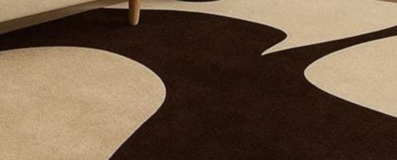 May include: Close-up of a modern area rug with a brown and beige abstract design. The rug features a flowing, organic pattern in contrasting colors, creating a visually interesting texture. The rug is made of a soft material.