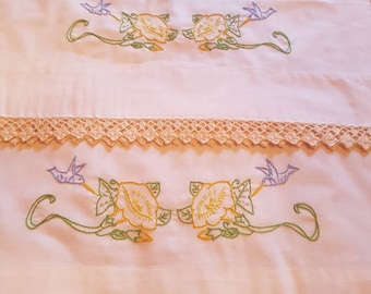 Vintage Embroidered Pillow Cases, Hummingbird & Morning Glory, Set of 2