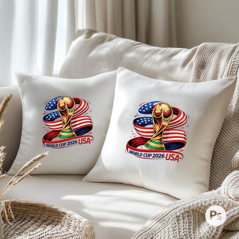 May include: Two white throw pillows with a colorful graphic design. The design features the World Cup trophy, the American flag, and the text "WORLD CUP 2026 USA". The pillows are on a beige sofa.
