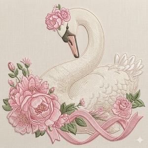 May include: Embroidered design of a white swan adorned with a floral crown and surrounded by pink peonies, roses, and a pink ribbon. The artwork is set against a neutral background, creating a delicate and elegant aesthetic.