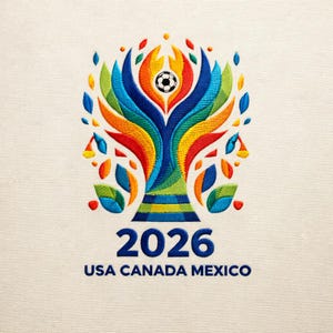 以下が含まれることがあります： カラフルで様式化された木の中心にサッカーボールが描かれた刺繍デザイン。デザインには、青色の「2026 USA CANADA MEXICO」というテキストが含まれています。作品はクリーム色の背景に配置されています。