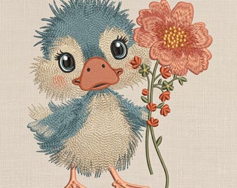 Cute Blue Duck Embroidery Design, Baby Duck with Flower, Kawaii Farm Animal, Spring Floral Duck Embroidery File, 5 Size, Instant Download