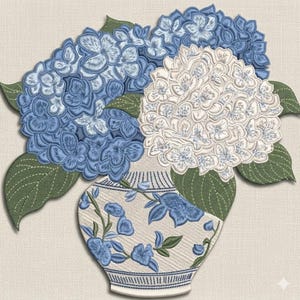 Blue Hydrangea Vase Embroidery Design, Chinoiserie Floral Machine Embroidery File, Vintage Flower Decor, 5 Size, Instant Download