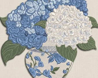 Blue Hydrangea Vase Embroidery Design, Chinoiserie Floral Machine Embroidery File, Vintage Flower Decor, 5 Size, Instant Download
