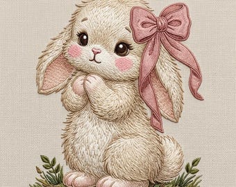 Cute Bunny Pink Ribbon Embroidery Design, Baby Rabbit Machine Embroidery File, Kawaii Bunny Pattern, 5 Size, Instant Download