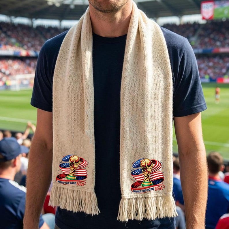 May include: Cream-colored scarf with fringe, featuring a logo with the text "World Cup 2026 USA" and a trophy design with the American flag. The scarf is worn around the neck.