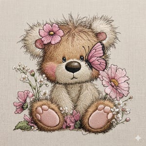 May include: Embroidered teddy bear with pink flowers and a butterfly. The bear has brown fur, pink cheeks, and a black nose. Pink flowers are placed on the bear's head and around its paws. A pink butterfly rests on the bear's face. The background is a light beige fabric.
