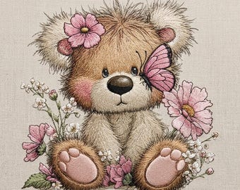 Floral Teddy Bear Embroidery Design, Cute Bear With Butterfly Embroidery File, Woodland Animal Pattern, 5 Size, Instant Download