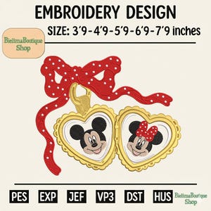 ミッキーとミニーのラブバレンタイン刺繍デザイン | ラブカップル、5サイズ、すぐにダウンロード
